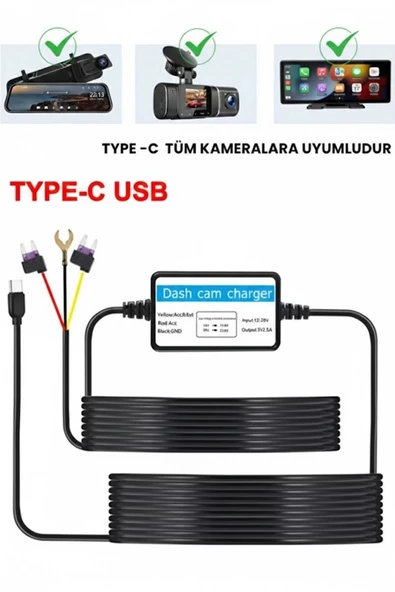 Park Modu Kablosu Type-c Akü Sigorta Bağlantı Kablosu Araç İçi Kamera Tüm Kameralara Uyumlu ürün görseli 1
