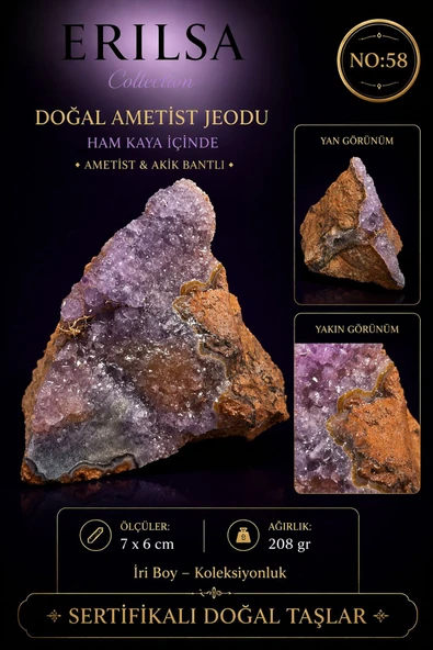 Sertifikalı Doğal Ametist Jeodu Akik Bantlı Kristal Kaya Parçası NO58 ürün görseli 1