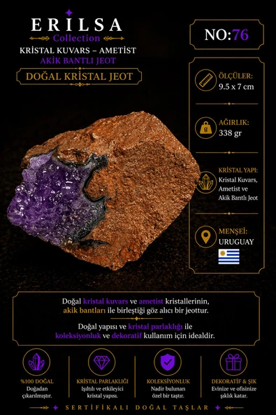 Sertifikalı Doğal Ametist Jeodu Akik Bantlı Kristal Kuvars Büyük Boy Ham Kaya Uruguay NO76 ürün görseli 1