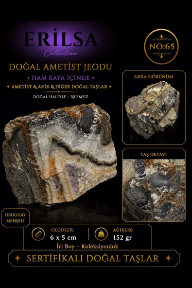 Sertifikalı Doğal Ametist Jeodu Akik Bantlı Kristal Kuvars ve Doğal Taş Parçası NO65 ürün görseli 1