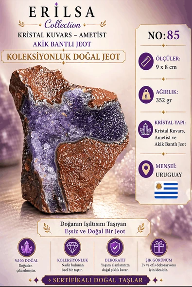 Sertifikalı Doğal Ametist Jeodu Akik Bantlı Kristal Kuvars Ham Kaya Uruguay NO85 ürün görseli 1