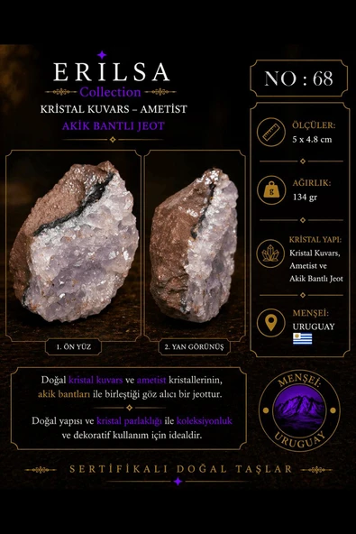 Sertifikalı Doğal Ametist Jeodu Akik Bantlı Kristal Kuvars Ham Kaya Uruguay NO68 ürün görseli 1
