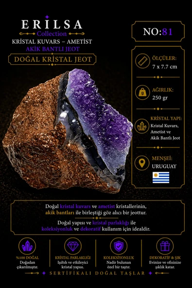 Sertifikalı Doğal Ametist Jeodu Akik Bantlı Kristal Kuvars Ham Kaya Uruguay NO81 ürün görseli 1