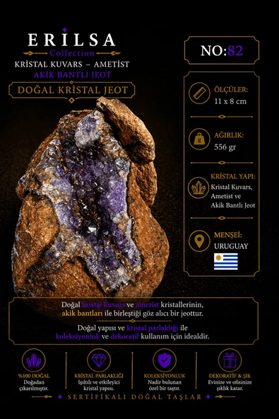 Sertifikalı Doğal Ametist Jeodu Akik Bantlı Kristal Kuvars Büyük Boy Uruguay NO82 ürün görseli 1
