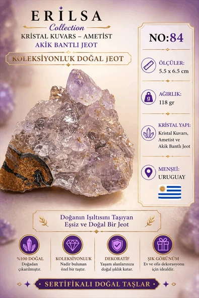 Sertifikalı Doğal Ametist Jeodu Akik Bantlı Kristal Kuvars Açık Tonlu Ham Kaya Uruguay NO84 ürün görseli 1