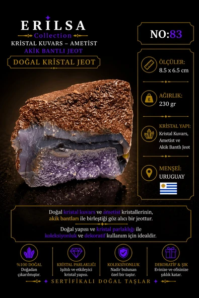 Sertifikalı Doğal Ametist Jeodu Akik Bantlı Kristal Kuvars Ham Kaya Uruguay NO83 ürün görseli 1