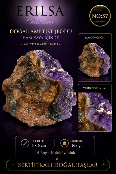 Sertifikalı Doğal Ametist Jeodu Akik Bantlı Kristal Kuvars Kaya Formu NO57 ürün görseli 1