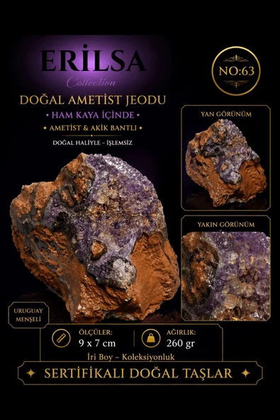 Sertifikalı Doğal Ametist Jeodu Akik Bantlı Kristal Kuvars Kaya Parçası NO63 ürün görseli 1