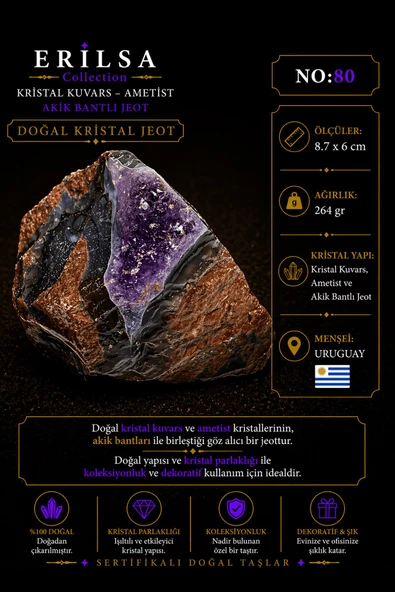 Sertifikalı Doğal Ametist Jeodu Akik Bantlı Kristal Kuvars Ham Kaya Uruguay NO80 ürün görseli 1