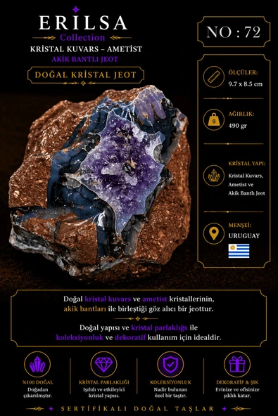 Sertifikalı Doğal Ametist Jeodu Akik Bantlı Kristal Kuvars Büyük Boy Uruguay Nadir NO72 ürün görseli 1