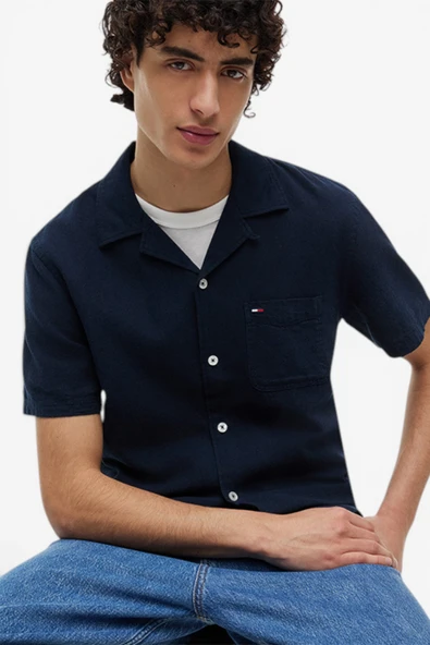 Tommy Hilfiger   TJM REG LINEN BLEND CAMP SS EXT Erkek Mavi KK Gömlek - DM0DM23058 ürün görseli 1