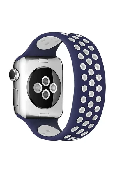 Newface Apple Watch 38mm Ayarlı Delikli Silikon Kordon - Lacivert-Beyaz ürün görseli 1