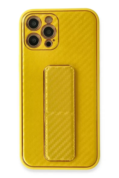 Newface Apple iPhone 12 Pro Max Kılıf Coco Karbon Standlı Kapak - Sarı ürün görseli 1