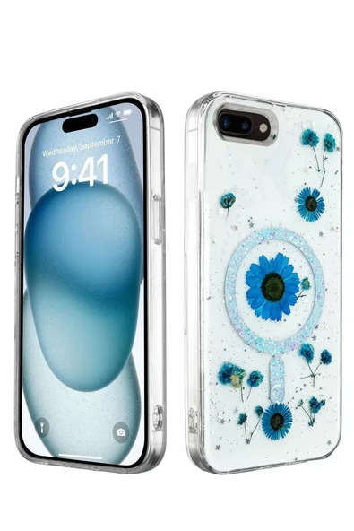 Newface Apple iPhone 7 Kılıf Daisy Simli Magsafe Kapak - Mavi ürün görseli 1