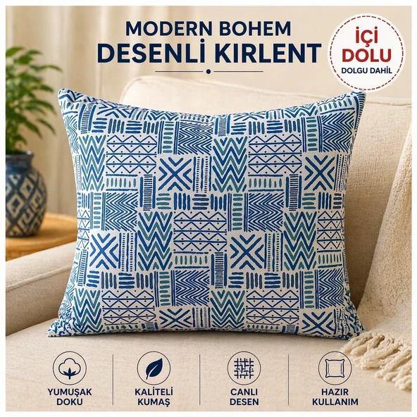 Modern Bohem Desenli İçi Dolu Kırlent 45x45 Mavi (2 Adet) ürün görseli 1