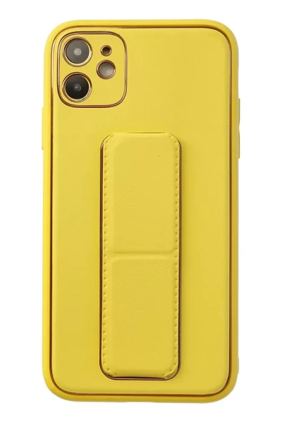 Newface Apple iPhone 12 Kılıf Coco Deri Standlı Kapak - Sarı ürün görseli 1