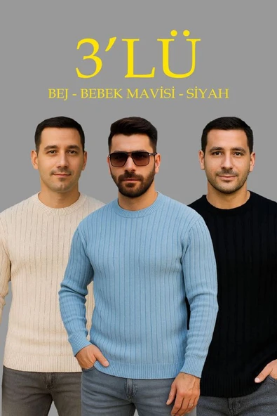 Erkek Fitilli Triko Kazak 3’lü Set – Bej, Bebek Mavisi, SiyahKalın Dokuma Pamuklu Regular Fit Bisiklet Yaka Uzun Kollu Kışlık Ve Baharlık Rahat Triko Kombini ürün görseli 1