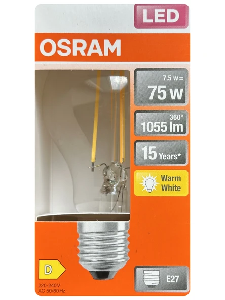 (1 Adet) Ledvance 7,5W Sarı Işık (2700K) E27 Duylu (Kalın Duy) Filament Led Ampul ürün görseli 1
