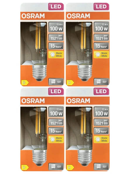 (4 Adet) Ledvance 11W Sarı Işık (2700K) E27 Duylu (Kalın Duy) Filament Led Ampul ürün görseli 1