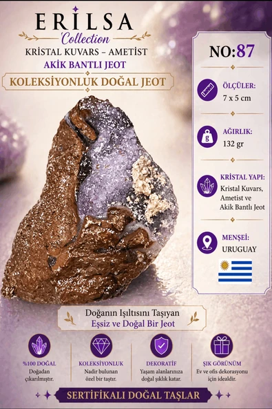 Sertifikalı Kristal Kuvars Ametist Akik Bantlı Jeot Doğal Taş Koleksiyonluk Dekoratif NO87 ürün görseli 1