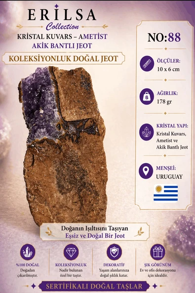 Sertifikalı Kristal Kuvars Ametist Akik Bantlı Jeot Doğal Taş Koleksiyonluk Dekoratif 10x6 cm NO88 ürün görseli 1