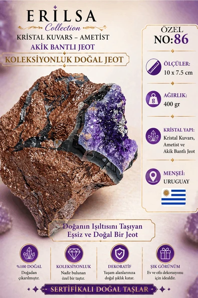 Sertifikalı Kristal Kuvars Ametist Akik Bantlı Jeot Doğal Taş Koleksiyonluk Dekoratif NO86 Özel ürün görseli 1
