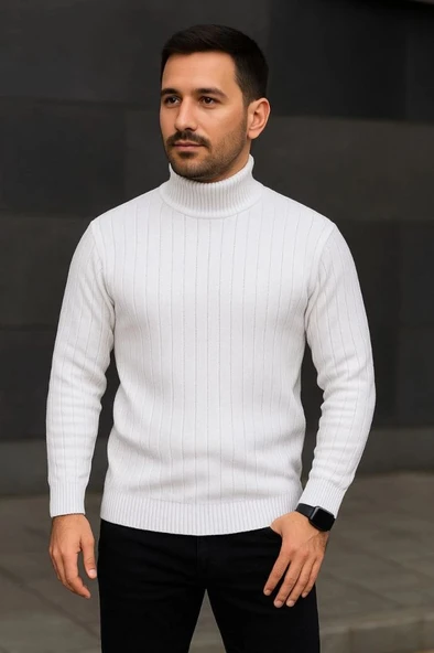 Erkek Balıkcı Yaka Bağazlı Triko Kazak Pamuklu Kalın Fitilli Dokuma, Regular Fit Uzun Kollu Kışlık Model - Beyaz ürün görseli 1