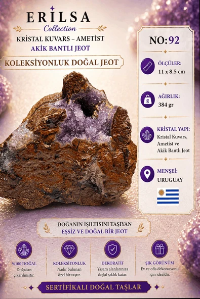 Sertifikalı Kristal Kuvars Ametist Akik Bantlı Jeot Doğal Taş Koleksiyonluk Dekoratif 11x8.5 NO92 ürün görseli 1