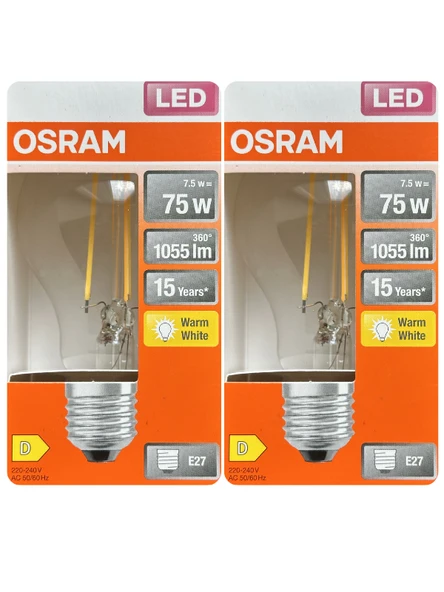 (2 Adet) Ledvance 7,5W Sarı Işık (2700K) E27 Duylu (Kalın Duy) Filament Led Ampul ürün görseli 1