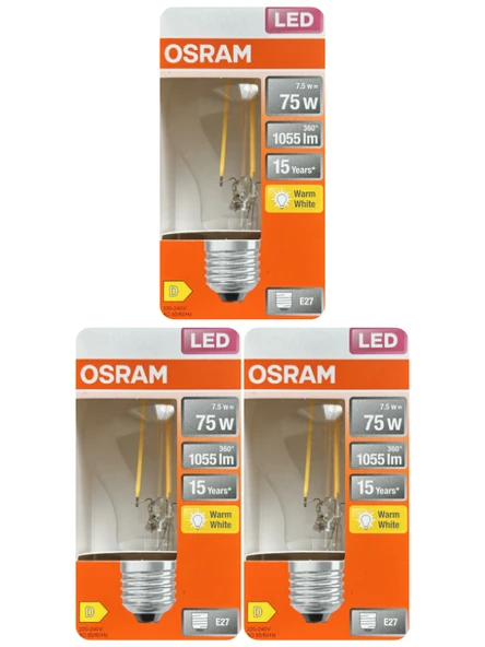 (3 Adet) Ledvance 7,5W Sarı Işık (2700K) E27 Duylu (Kalın Duy) Filament Led Ampul ürün görseli 1