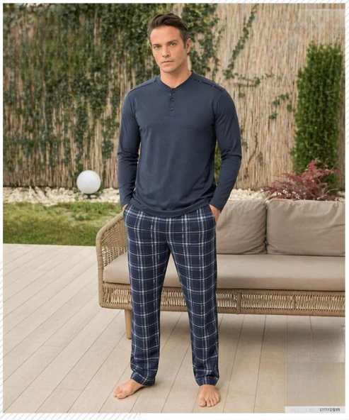 Pijamoni Erkek Düğme Yaka Uzun Kol Mevsimlik Pijama Takımı 6810/22 - 1 Adet  L Lacivert ürün görseli 1
