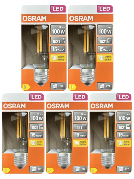 (5 Adet) Ledvance 11W Sarı Işık (2700K) E27 Duylu (Kalın Duy) Filament Led Ampul ürün görseli 1