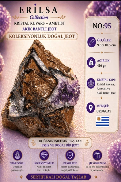 Sertifikalı Kristal Kuvars Ametist Akik Bantlı Jeot Doğal Taş Koleksiyonluk Dekoratif 9.5x10.5 NO95 ürün görseli 1