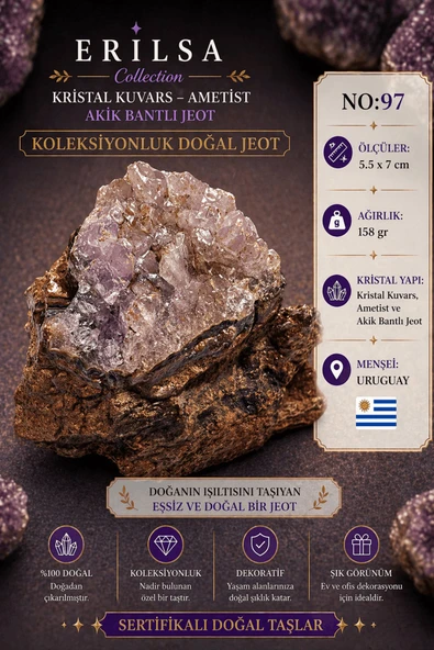 Sertifikalı Kristal Kuvars Ametist Akik Bantlı Jeot Doğal Taş Koleksiyonluk Dekoratif 5.5x7 cm NO97 ürün görseli 1
