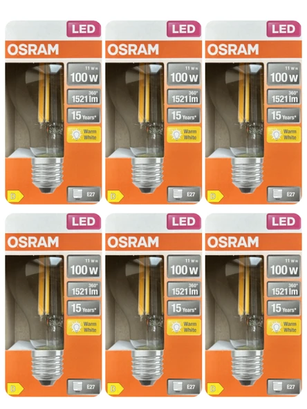 (6 Adet) Ledvance 11W Sarı Işık (2700K) E27 Duylu (Kalın Duy) Filament Led Ampul ürün görseli 1