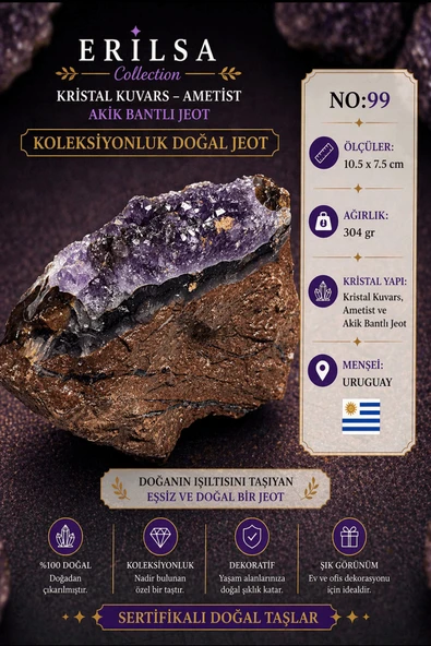 Sertifikalı Kristal Kuvars Ametist Akik Bantlı Jeot Doğal Taş Koleksiyonluk Dekoratif 10.5x7.5 ürün görseli 1