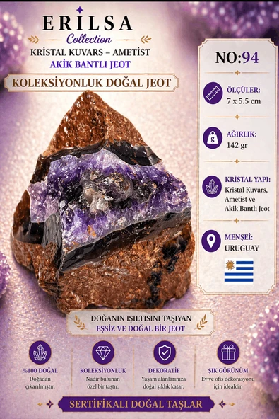 Sertifikalı Kristal Kuvars Ametist Akik Bantlı Jeot Doğal Taş Koleksiyonluk Dekoratif 7x5.5 cm NO94 ürün görseli 1
