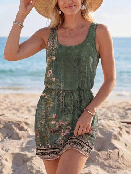 Kadın Askılı Yuvarlak Yakalı Beli Kusaklı çiçek Desenli Kısa Süprem Elbise ürün görseli 1