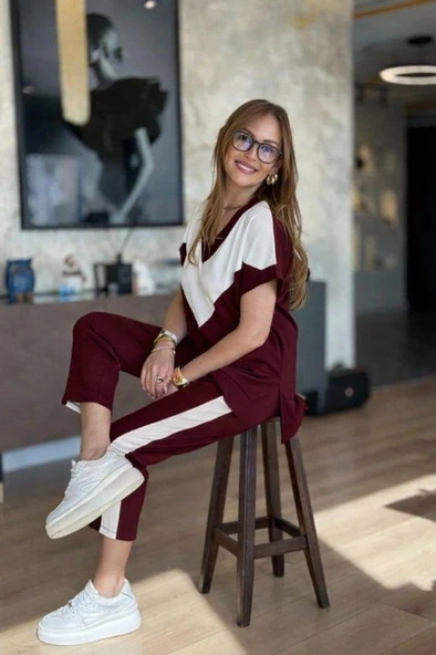 Kadın Kısa Kollu V Yakalı çift Renkli Viskon Iki Iplik Ikili Bluz Ve Pantolon Takım ürün görseli 1