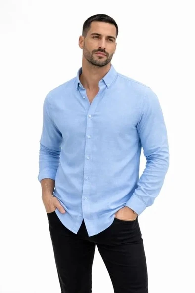 Erkek KETEN Kumaş Oversize Uzun Kollu Rahat Kalıp Gömlek - Açık Mavi ürün görseli 1