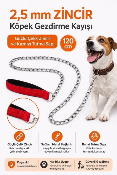 Zincir Köpek Gezdirme Kayışı Dalı Çelik & Ergonomik Tutma Saplı 2,5 mm-120 cm Kırmızı ürün görseli 1