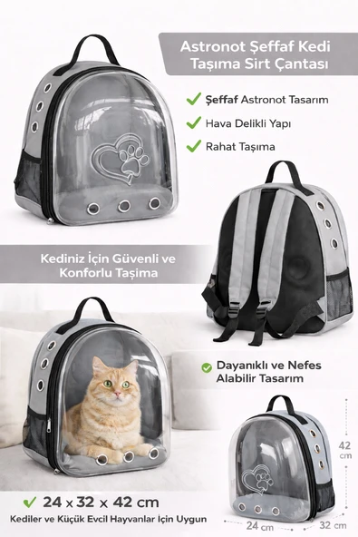 Kalpli Patili Astronot Şeffaf Taşıma Sırt Çantası Gri 24x32x42 cm ürün görseli 1
