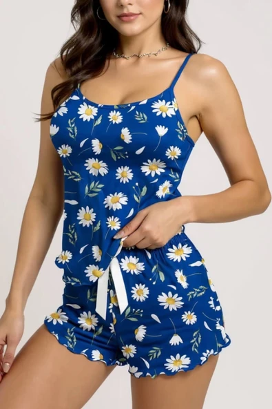 Desenli  Askılı Şortlu Pijama - Resim 2