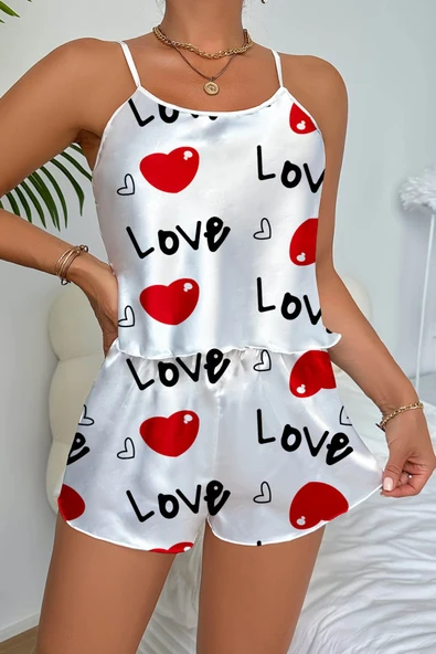 Love Desenli  Saten Şortlu Gecelik - Resim 2