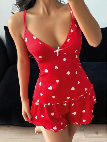 Kadın Kalp Desenli Şortlu Pijama Takım 5178 ürün görseli 1