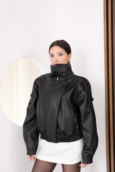 Premium Seri Dik Yaka Kruvaze Oversize Bomber Deri Ceket ürün görseli 1