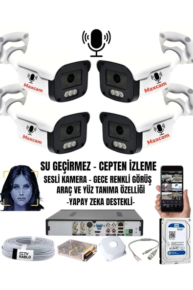 maxcam 4 Kameralı Sesli 5mp - Gece Renkli Araç Ve Yüz Tanımalı Kamera Sistemi - Hazır Kamera Seti ürün görseli 1