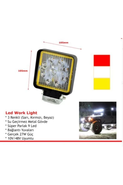BSK 10-48v Çalışma Lambası (BEYAZ-KIRMIZI-SARI) Çakarlı Fonksiyonlu 9x3w Power Ledli (74*98) ürün görseli 1