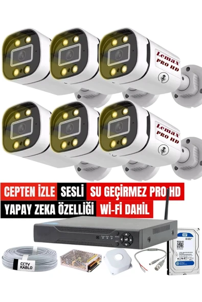 maxcam 6 Lı SESLİ Gece Renkli Görüş PRO HD Güvenlik Kamera Seti Su Geçirmez Güvenlik Kamerası Sistemi ürün görseli 1