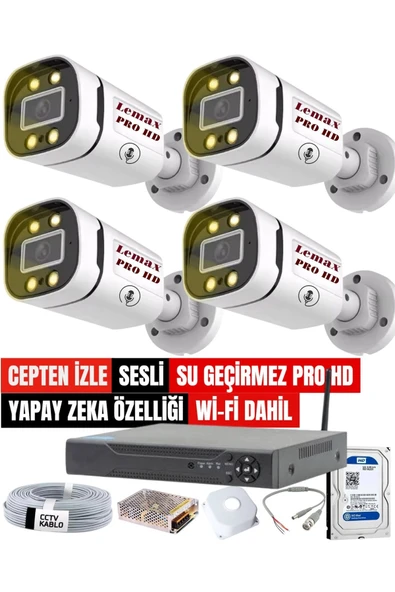 maxcam 4 Lü SESLİ Gece Renkli Görüş PRO HD Güvenlik Kamera Seti Su Geçirmez Güvenlik Kamerası Sistemi ürün görseli 1